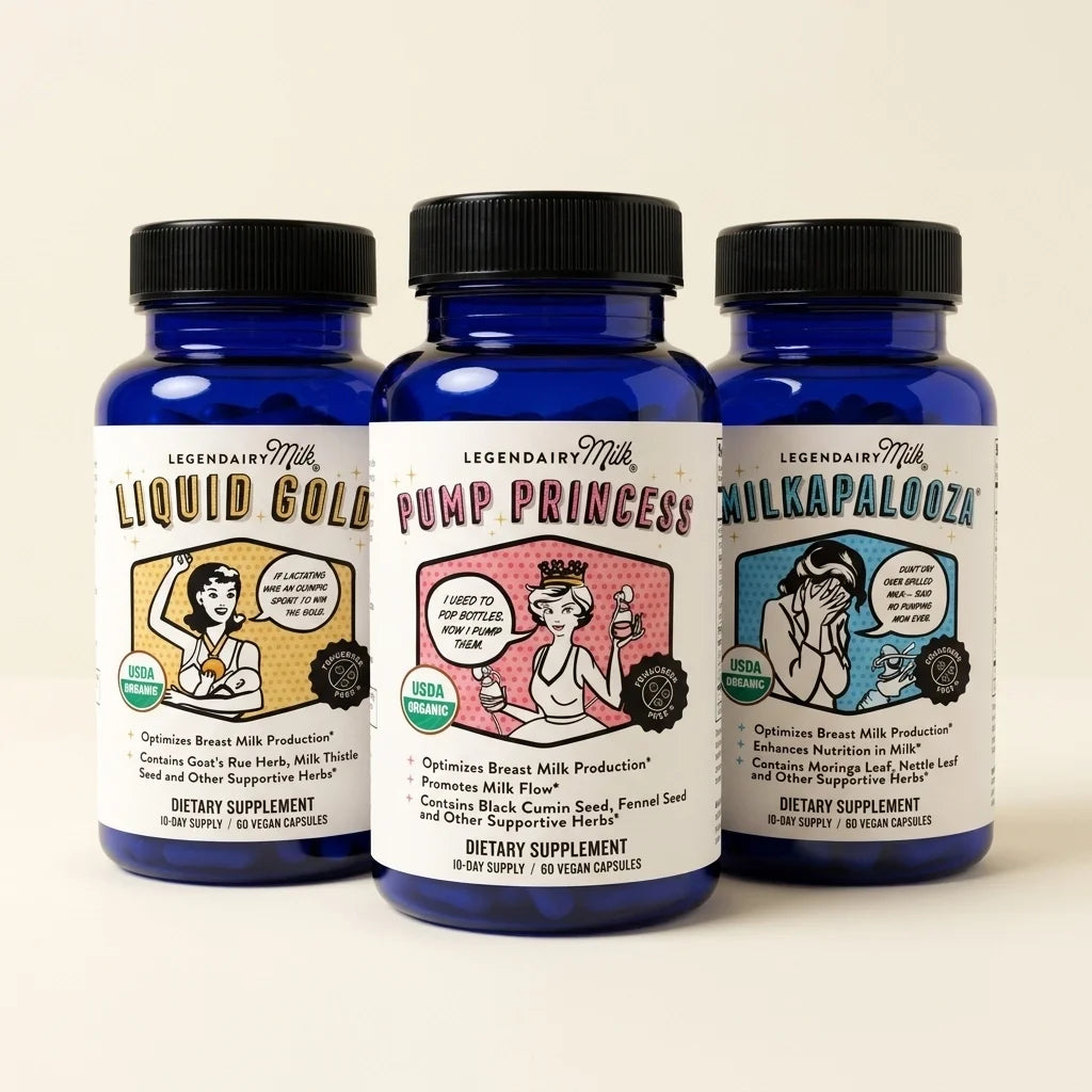 Three blue bottles of Legendairy Milk dietary supplements labeled Liquid Gold, Pump Princess, and Milkapalooza with black cap