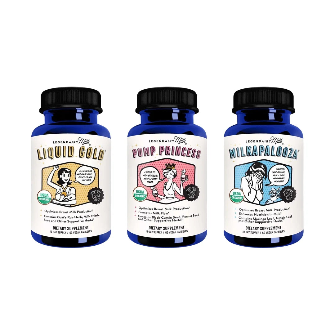 Three blue bottles with black caps labeled Liquid Gold, Pump Princess, and Milkapalooza dietary supplements by Legendairy Mil