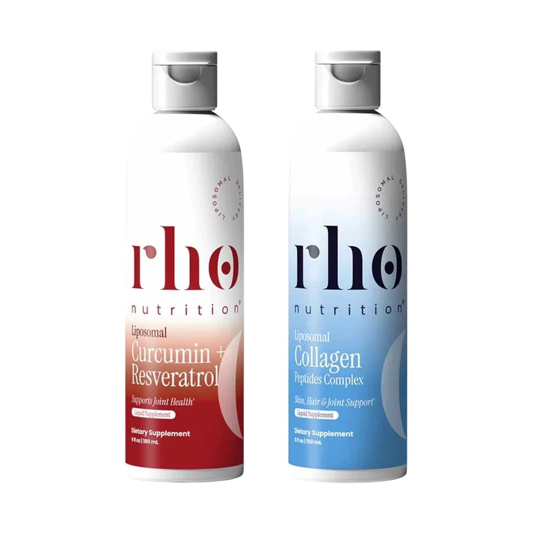 Two Rho Nutrition liposomal supplement bottles: red Curcumin + Resveratrol and blue Collagen Peptides Complex.