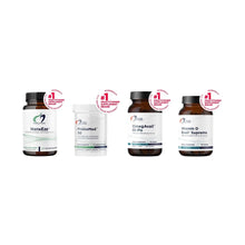 Four supplement bottles: HistaEze, ProbioMed 50, OmegAvail Hi-Po, and Vitamin D Evail Supreme, each with "#1 Practitioner Sup