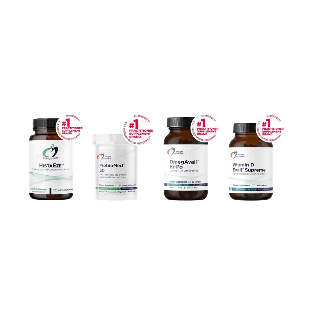 Four supplement bottles: HistaEze, ProbioMed 50, OmegAvail Hi-Po, and Vitamin D Evail Supreme, each with "#1 Practitioner Sup