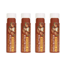 Four brown and white Desert Essence Shea Butter Lip Rescue tubes with peach imagery on burgundy labels.