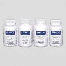 Four white supplement bottles labeled Melatonin, SeraPlus, Magnesium Glycinate, and L-Theanine by Pure Encapsulations.