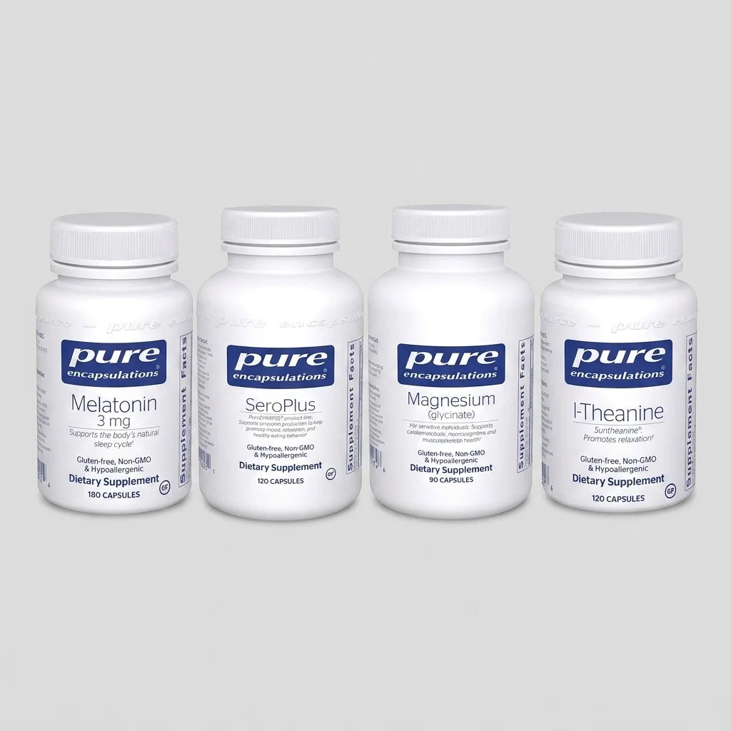 Four white supplement bottles labeled Melatonin, SeraPlus, Magnesium Glycinate, and L-Theanine by Pure Encapsulations.