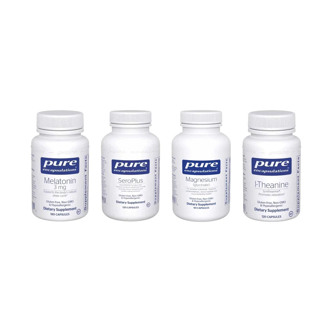 Four white supplement bottles labeled Melatonin, SeroPlus, Magnesium, and L-Theanine by Pure Encapsulations.