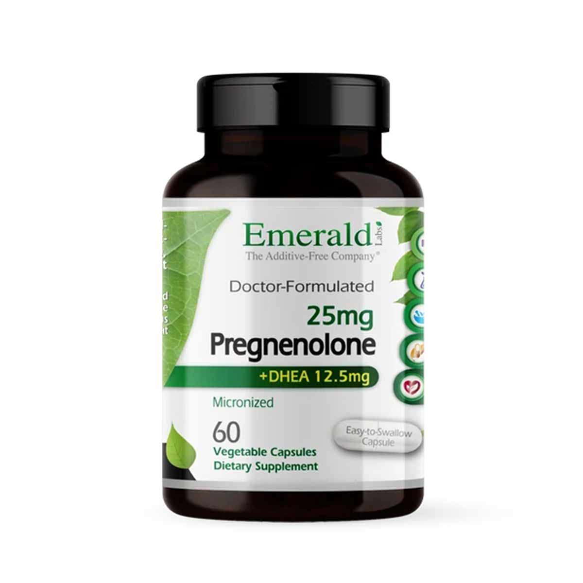 Emerald bottle of Pregnenolone 25mg with DHEA 12.5mg, 60 vegetable capsules, dietary supplement.