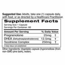 Supplement facts label showing pregnenolone 25mg, DHEA 12.5mg, and tocotriene complex 250mg per vegetable capsule, 60 serving
