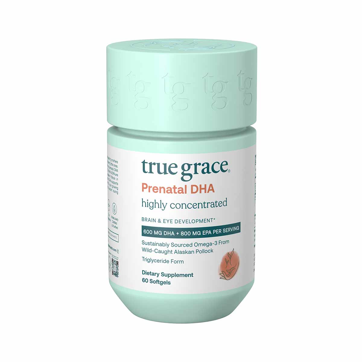 True Grace Prenatal DHA softgel bottle with mint-colored cap and label showing 60 softgels.