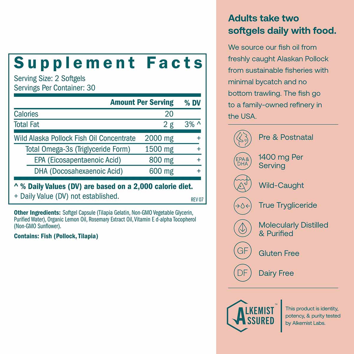Bottle of True Grace prenatal DHA softgels with supplement facts label and product information on pink background.