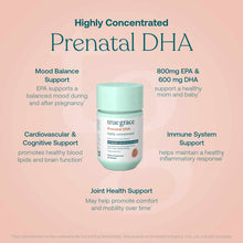 True Grace Prenatal DHA bottle with mint-green cap on pink background with text describing product benefits.