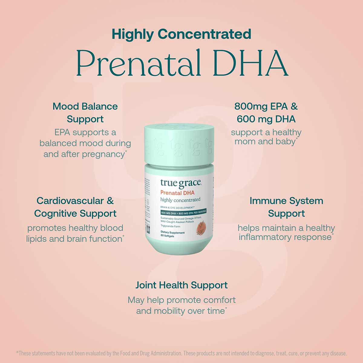True Grace Prenatal DHA bottle with mint-green cap on pink background with text describing product benefits.