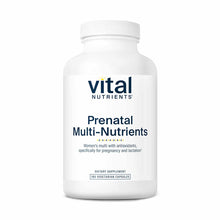 White bottle of Vital Nutrients Prenatal Multi-Nutrients dietary supplement containing 180 vegetarian capsules.