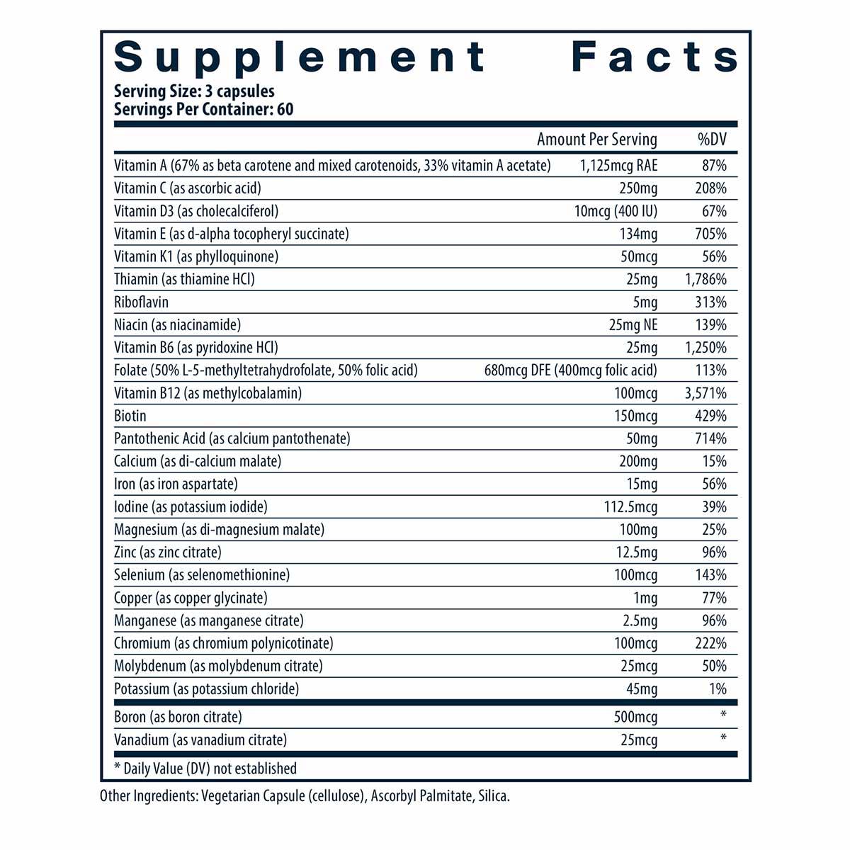 Supplement Facts label for prenatal multi-nutrient capsules listing vitamins, minerals, and daily value percentages.