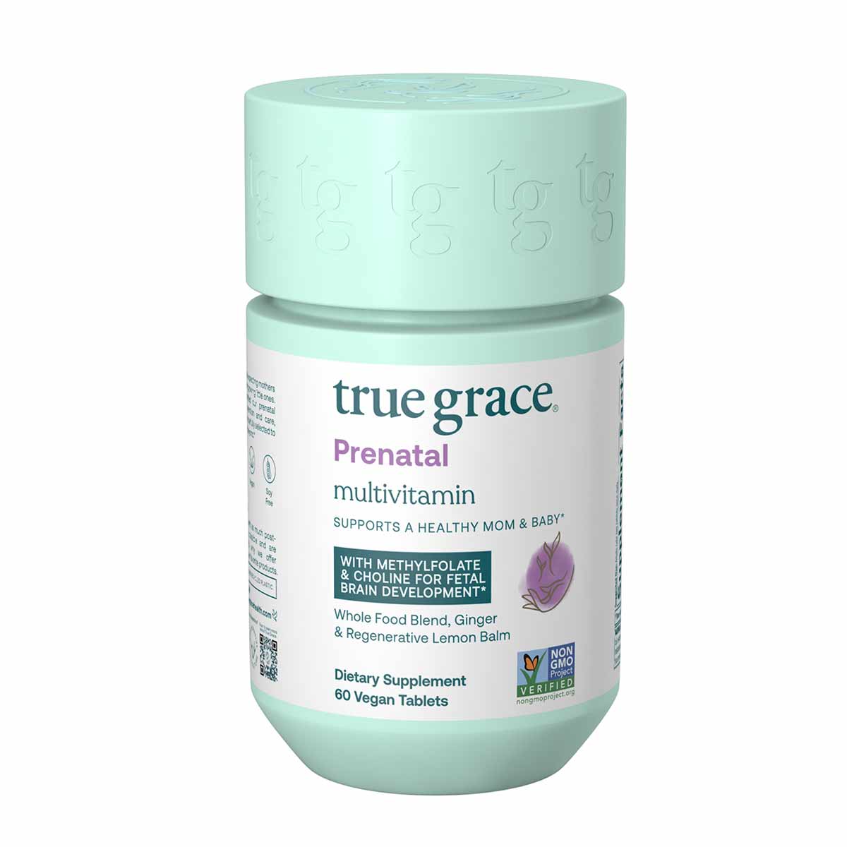 Light green bottle of True Grace Prenatal Multivitamin with white label, containing 60 vegan tablets.