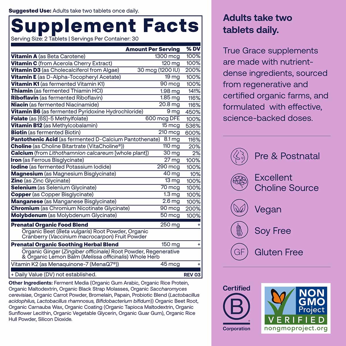 True Grace prenatal multivitamin supplement facts label showing vitamins, minerals, and organic ingredients with suggested us