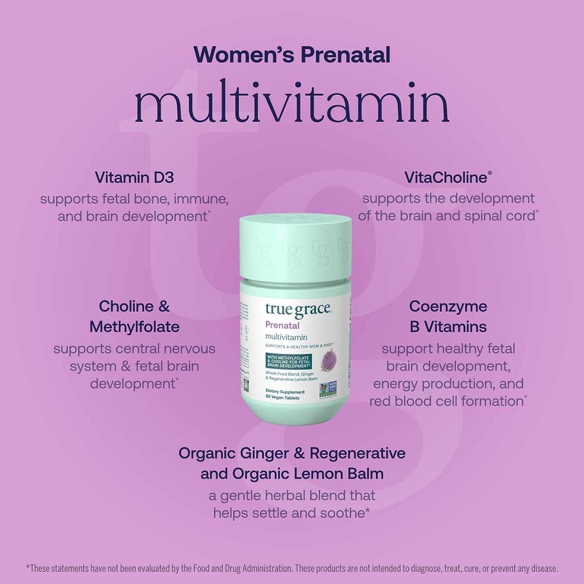 True Grace prenatal multivitamin bottle with mint-green cap on pink background surrounded by ingredient benefit text.