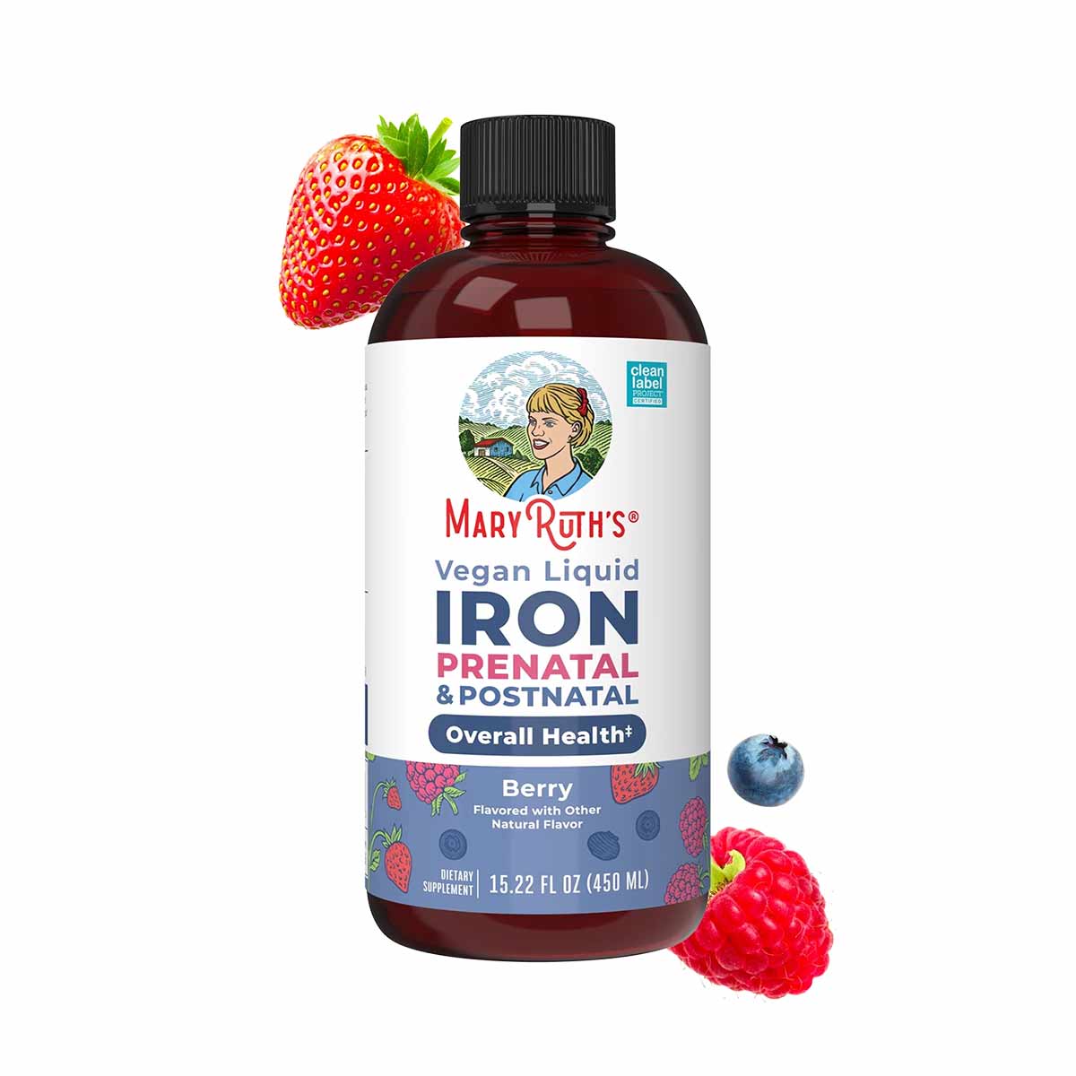 MaryRuth's Vegan Liquid Iron supplement bottle with berry flavor, 15.22 fl oz, surrounded by strawberry, blueberry, and raspb