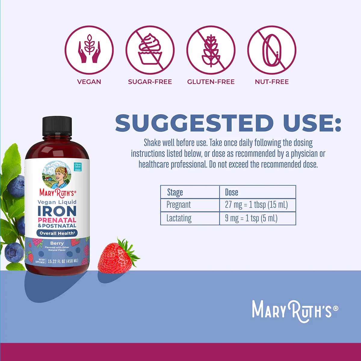 Dark red liquid iron supplement bottle with berry flavor, surrounded by blueberries and strawberries, with vegan, sugar-free,
