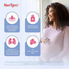 MaryRuth's Organics prenatal and postnatal liquid iron product packaging with benefit icons and pregnant woman wearing pink s