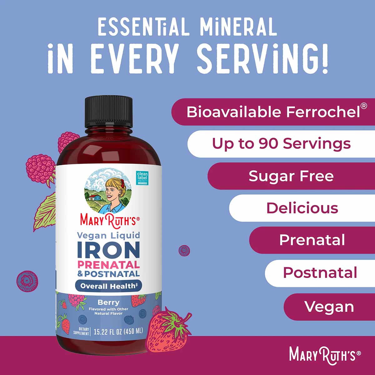 MaryRuth's Vegan Liquid Iron supplement bottle with berry flavoring, 15.22 fl oz, featuring dark red liquid in clear bottle w