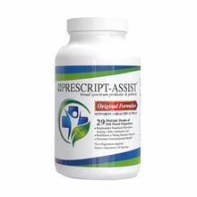 White plastic bottle with blue and green label containing Prescript-Assist probiotic and prebiotic supplement, 60 vegetable c