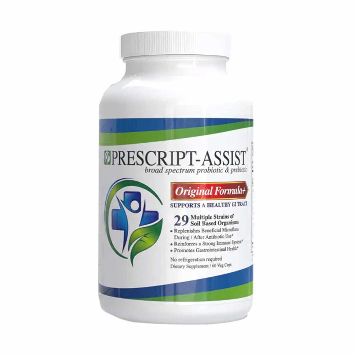 White plastic bottle with blue and green label containing Prescript-Assist probiotic and prebiotic supplement, 60 vegetable c