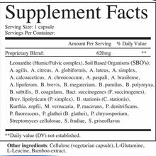 Supplement Facts label showing 1 capsule serving size with 620mg proprietary blend of leonardite and soil-based organisms.