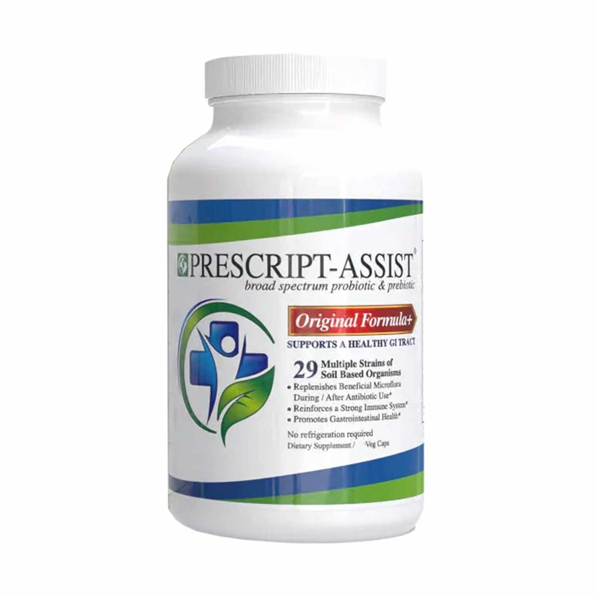 White plastic bottle of Prescript-Assist probiotic and prebiotic supplement with blue and green label and white screw cap.