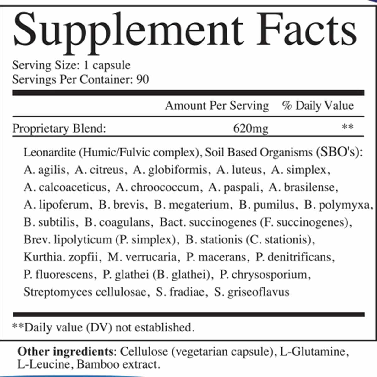Supplement Facts label showing probiotic and prebiotic ingredients, 1 capsule serving size, 90 servings per container.