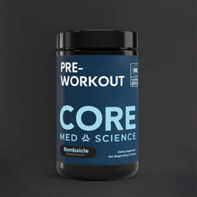 Core Med Science Pre-Workout powder in Bombsicle flavor, 492g container with black lid and blue label.