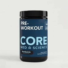 Core Med Science Pre-Workout powder in dark blue container with black lid, labeled Bombsicle flavor.