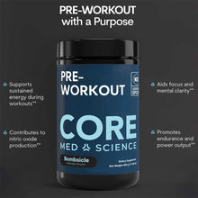 Core Med Science Pre-Workout powder in black container with blue label, Bombsicle flavor, 492g net weight.