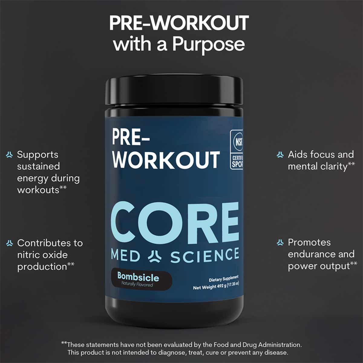 Black container with blue label reading "PRE-WORKOUT CORE MED SCIENCE" in Bombsicle flavor, 497g net weight.