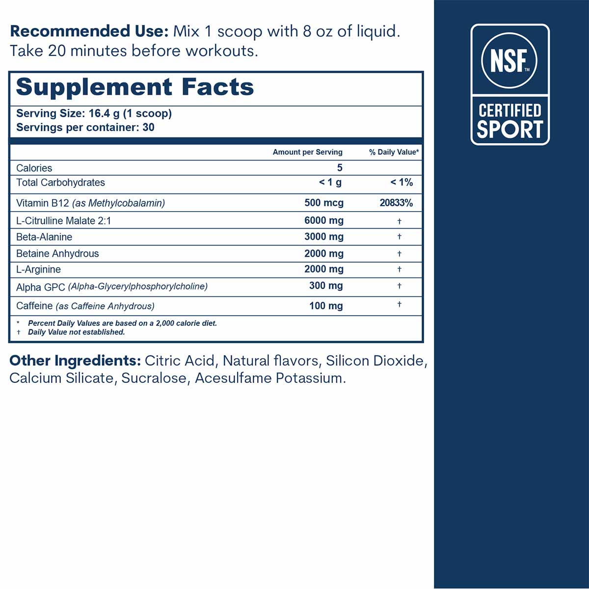 Supplement Facts label for Core Med Science Pre-Workout powder with NSF Certified Sport badge and ingredient list.