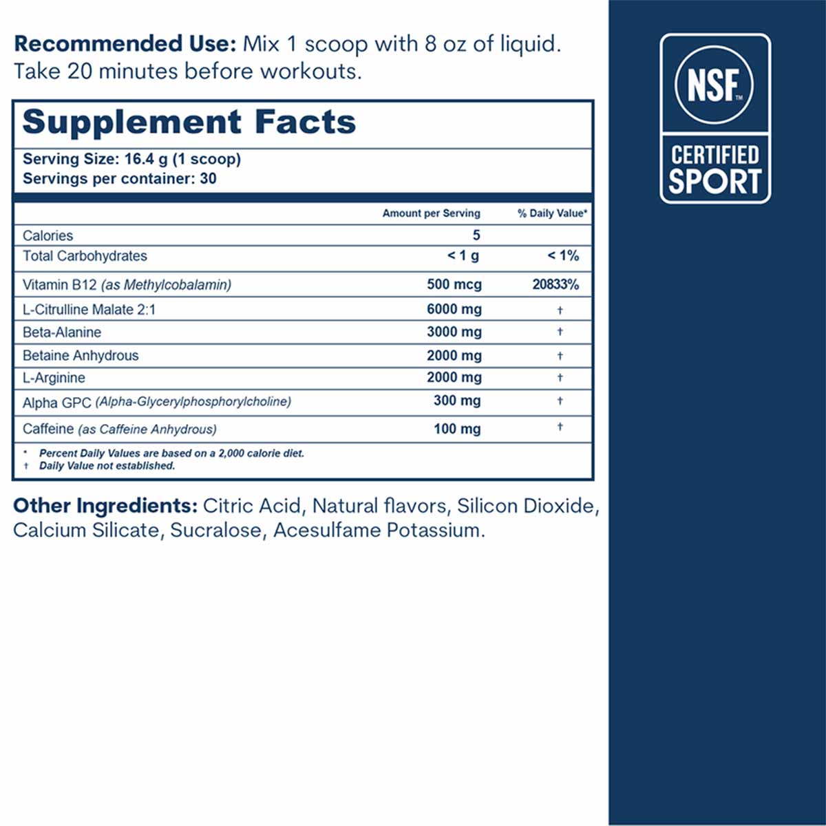 Core Med Science pre-workout supplement facts label showing nutritional information and NSF Certified Sport badge on dark blu