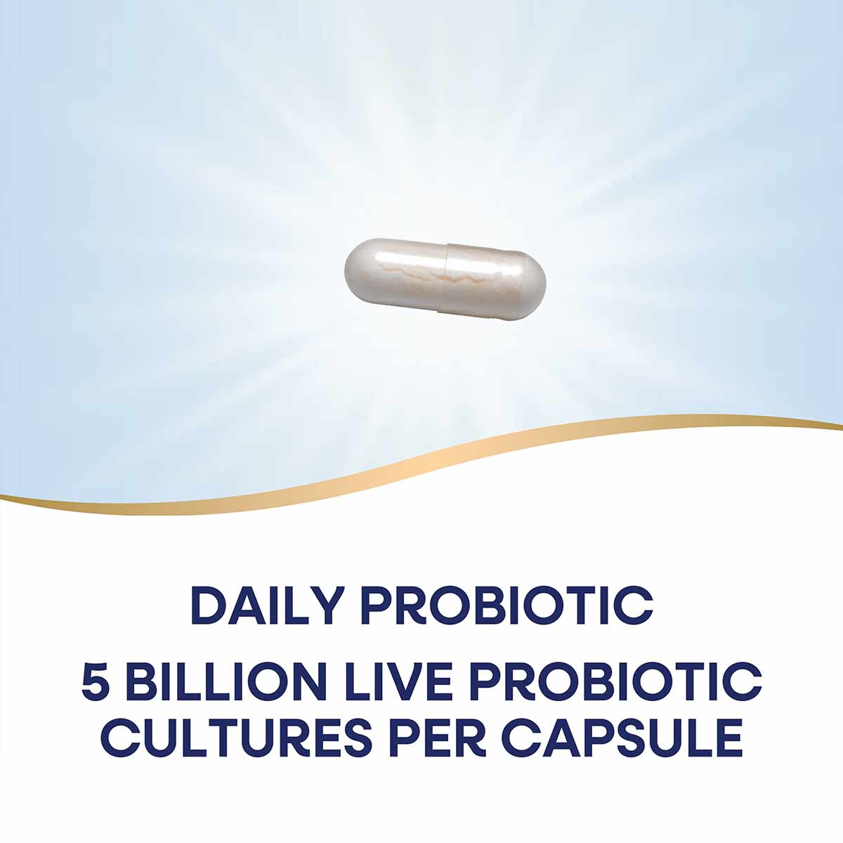 Single silver probiotic capsule displayed against a light blue and white background.