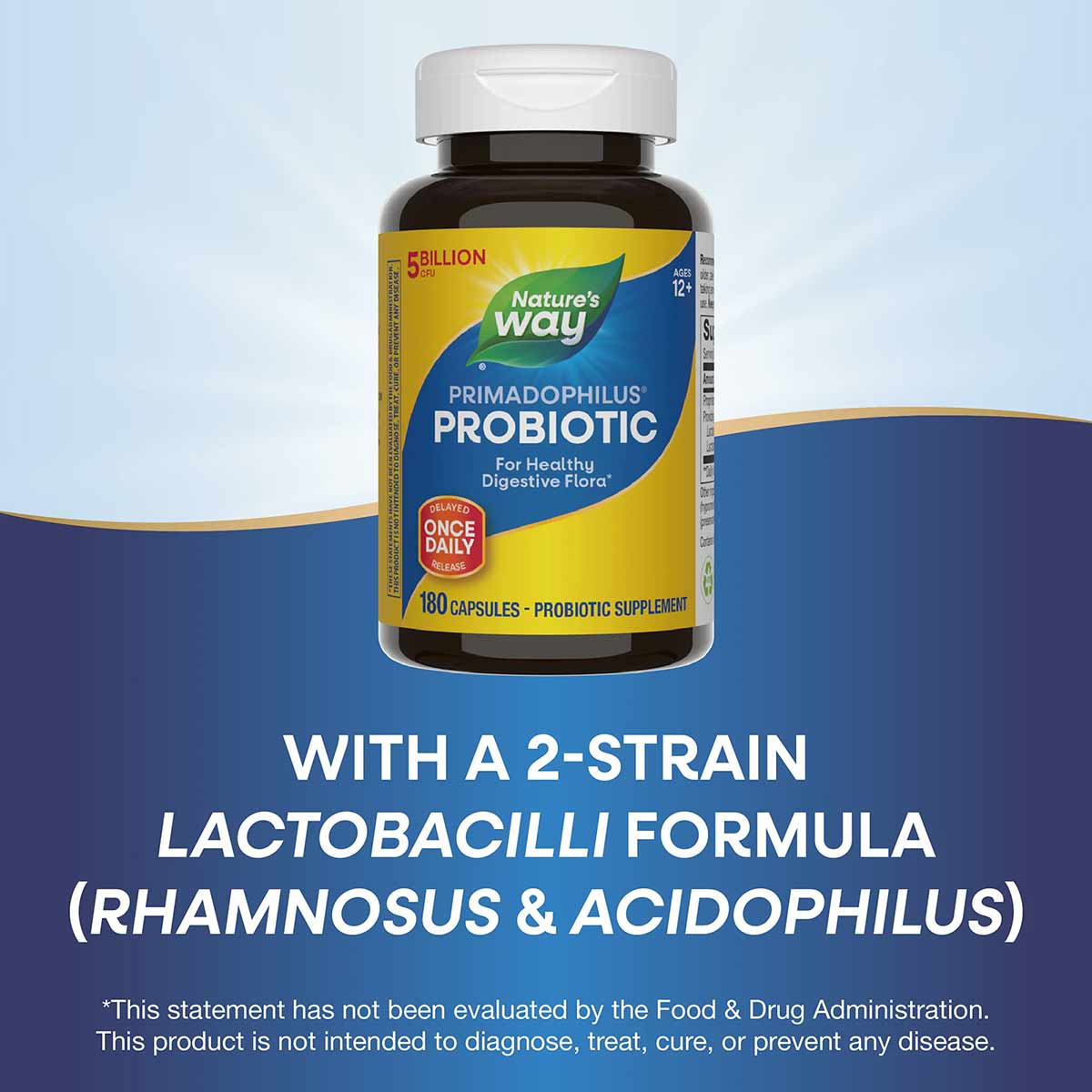 Nature's Way Primadophilus Original probiotic supplement bottle with white cap, 180 capsules, yellow and blue label.