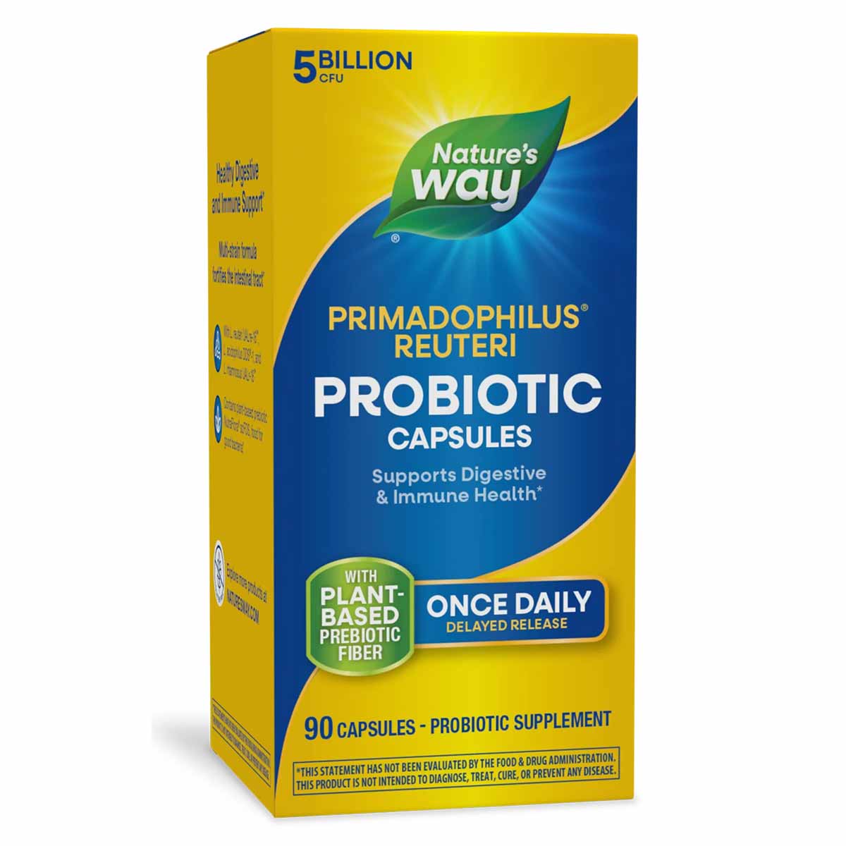 Nature's Way Primadophilus Reuteri probiotic capsule bottle containing 90 capsules with 5 billion CFU.