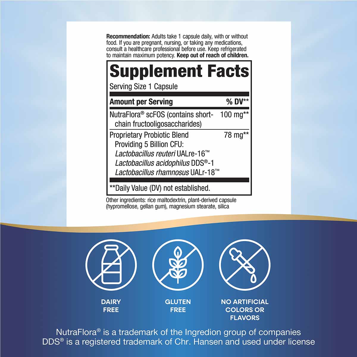 Supplement Facts label for Primadophilus Reuteri capsules showing probiotic blend and ingredient details with dairy-free and 