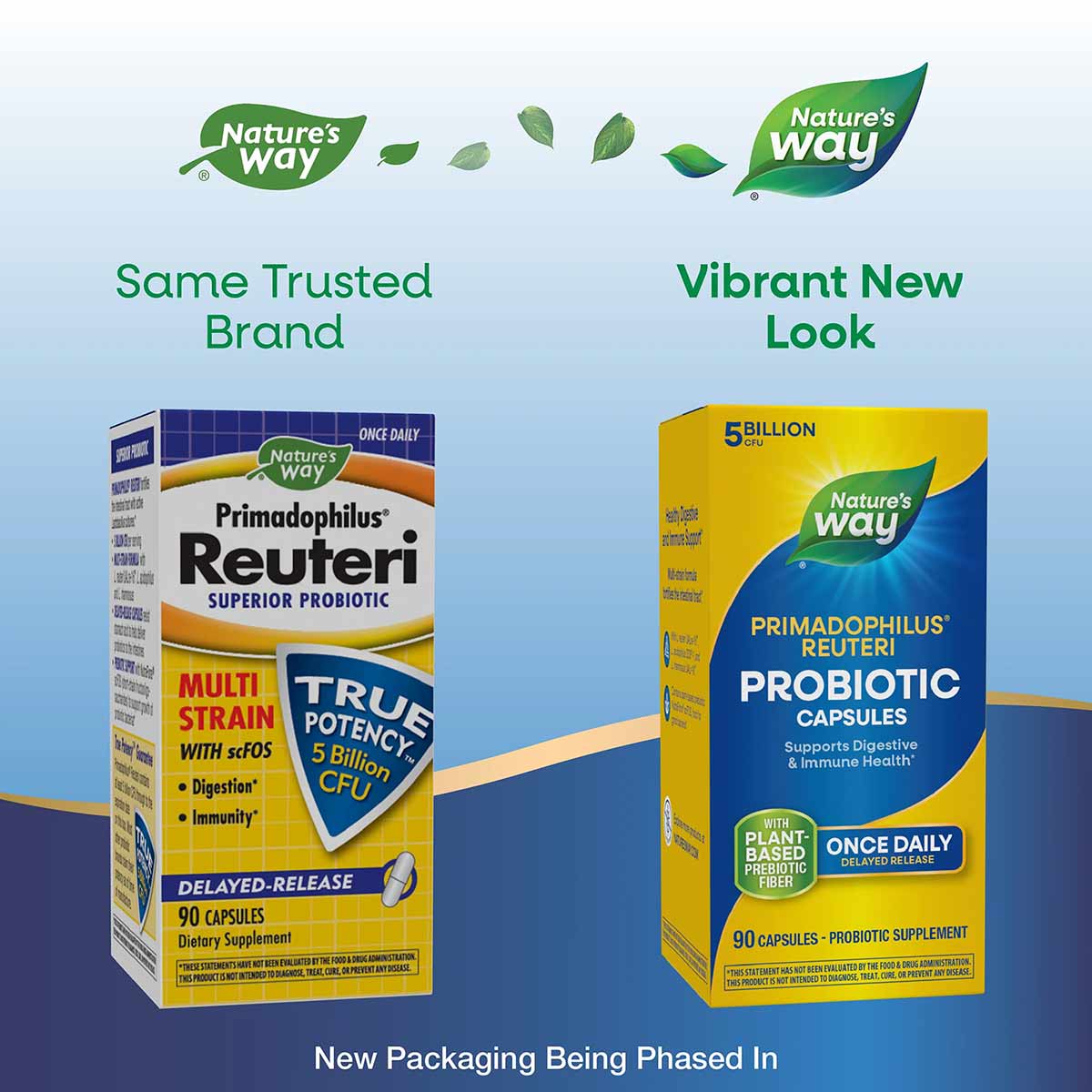 Two Primadophilus Reuteri probiotic capsule bottles showing old and new packaging designs side by side.