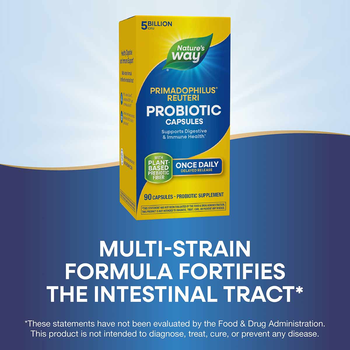 Nature's Way Primadophilus Reuteri probiotic capsules bottle with yellow and blue packaging, containing 90 capsules.