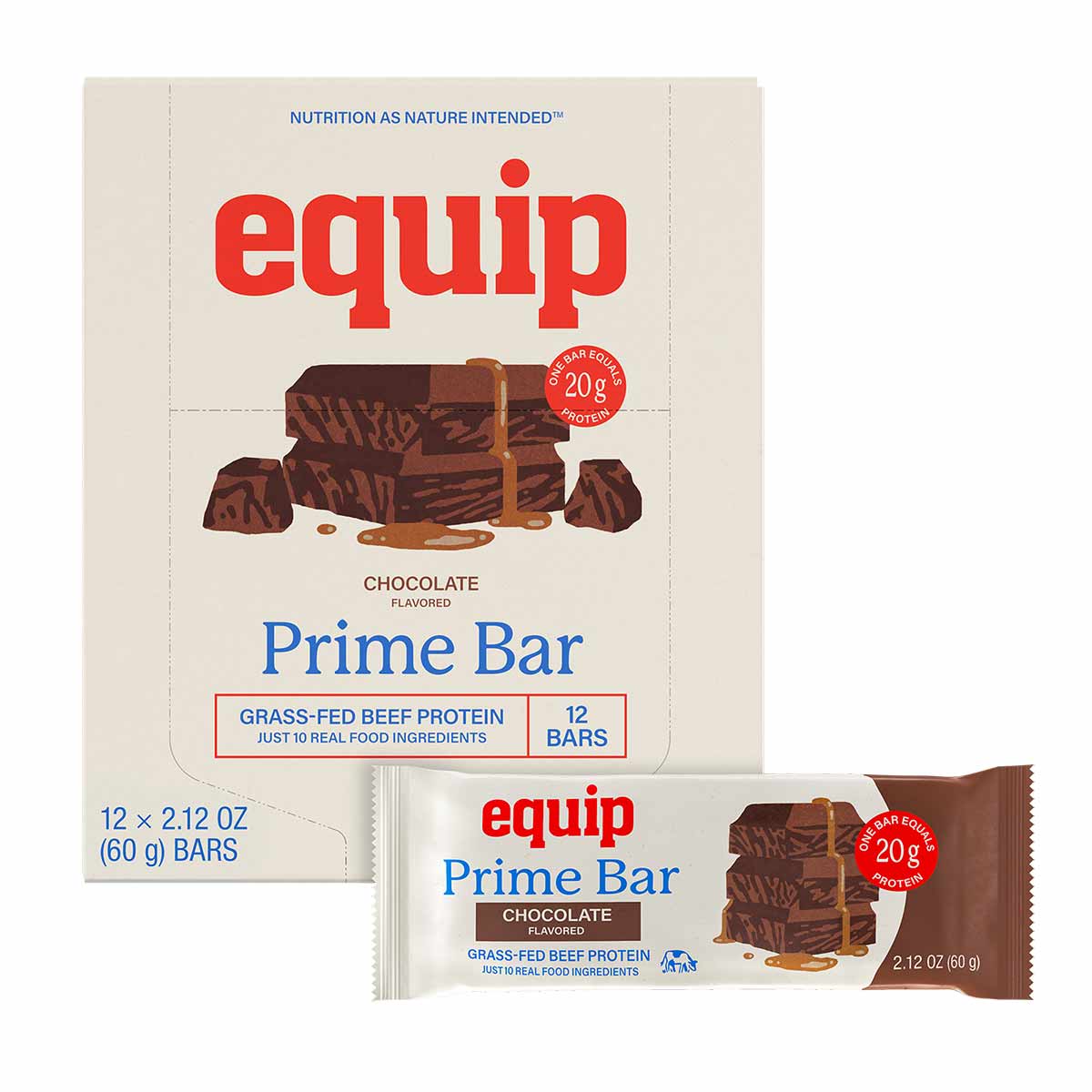 A cream-colored box of twelve chocolate Equip Prime Bars with a single wrapped bar in front, both showing red and blue lettering.