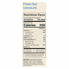 Nutrition facts label for a chocolate Prime Bar listing 250 calories, 20 grams of protein, and an ingredients list below.