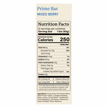 Nutrition facts label for Mixed Berry Prime Bar listing 250 calories, 20 grams of protein, and an ingredients list below.