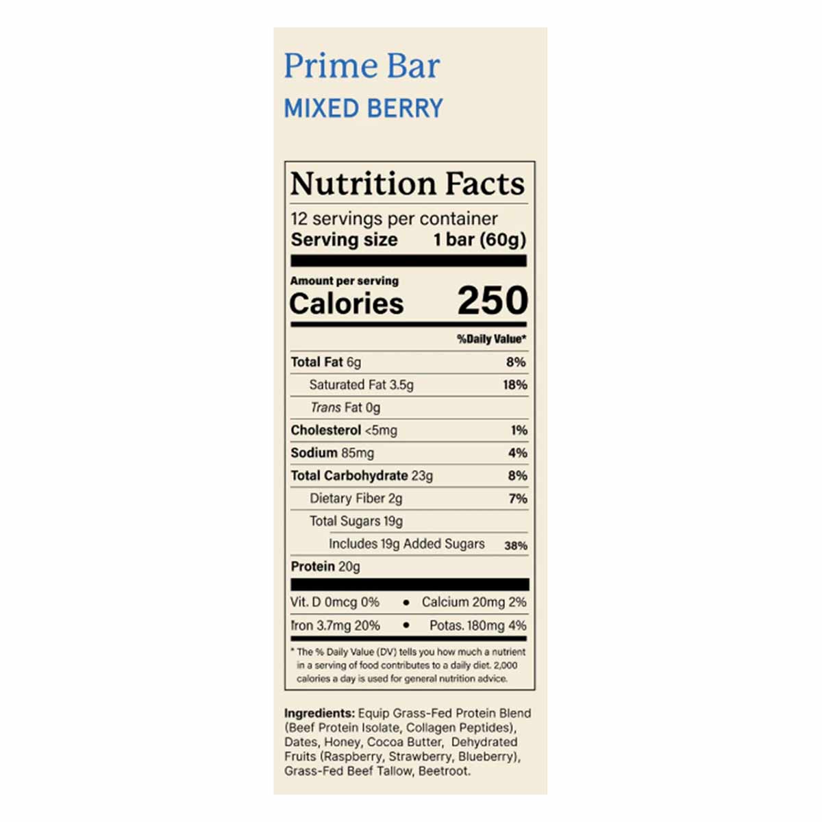 Nutrition facts label for Mixed Berry Prime Bar listing 250 calories, 20 grams of protein, and an ingredients list below.