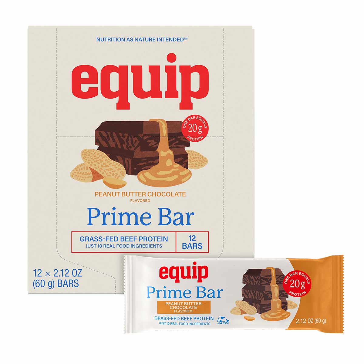 A cream-colored box of twelve Equip Prime Bars in peanut butter chocolate flavor sits behind a single wrapped bar.