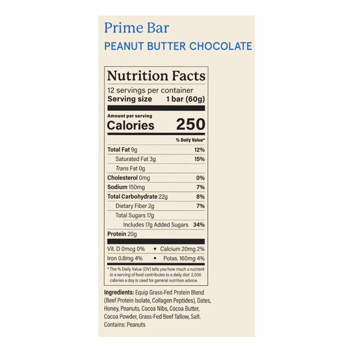 Nutrition facts panel for Prime Bar Peanut Butter Chocolate listing 250 calories, 20g protein, and an ingredients list ending with a peanut allergen warning.