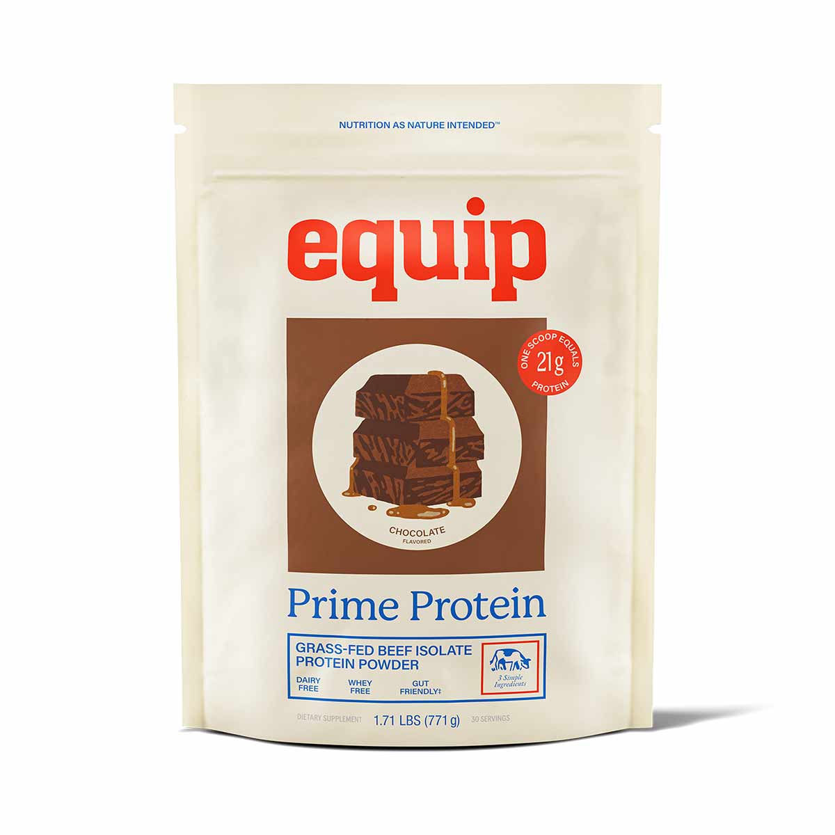 A cream pouch of Equip Prime Protein chocolate grass-fed beef isolate powder with a brownie illustration and 21g protein badge.