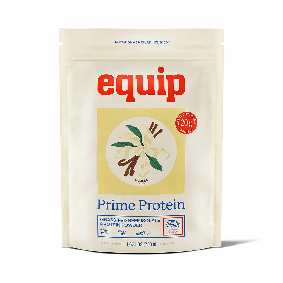 A cream-colored pouch of Equip Prime Protein vanilla grass-fed beef isolate powder with a vanilla flower illustration and red logo.