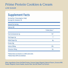 Supplement facts panel for Cookies & Cream protein powder listing 100 calories, 20g protein, 4g carbohydrates, and 30 servings per container.